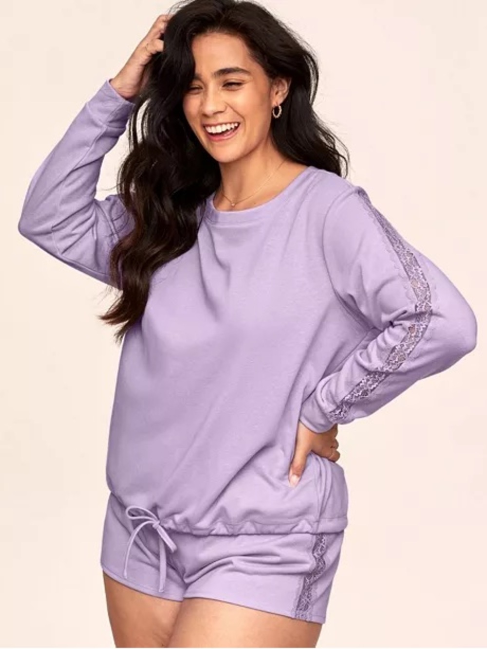 Adore Me Lavender Lace-Trim Lounge Top & Shorts Set